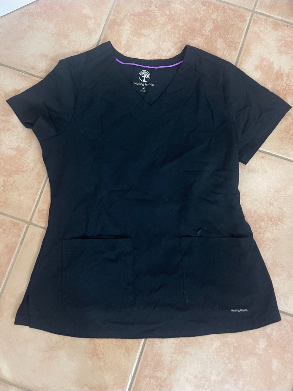 healing hands Black V-Neck Short Sleeve Scrub Top with Purple Trim